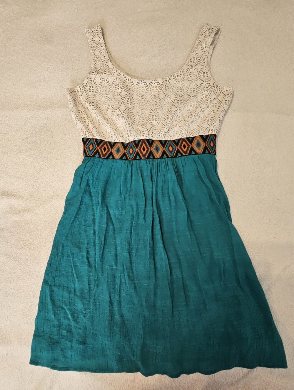 As U Wish Cream Lace Top with Teal Skirt and Embroidered Waistband Medium